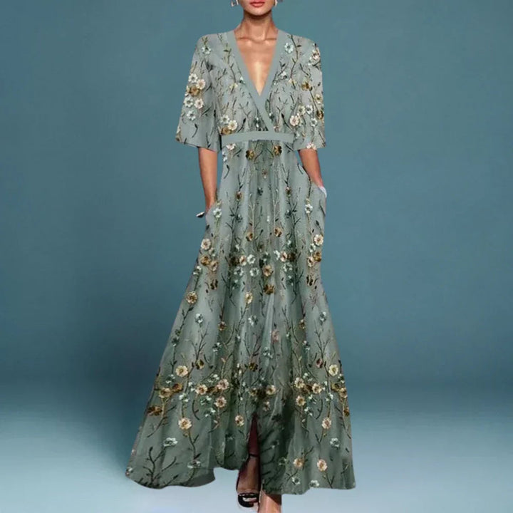 Dames Bloemen Maxi Formele Jurk V-Hals Halve Mouw - Blauw