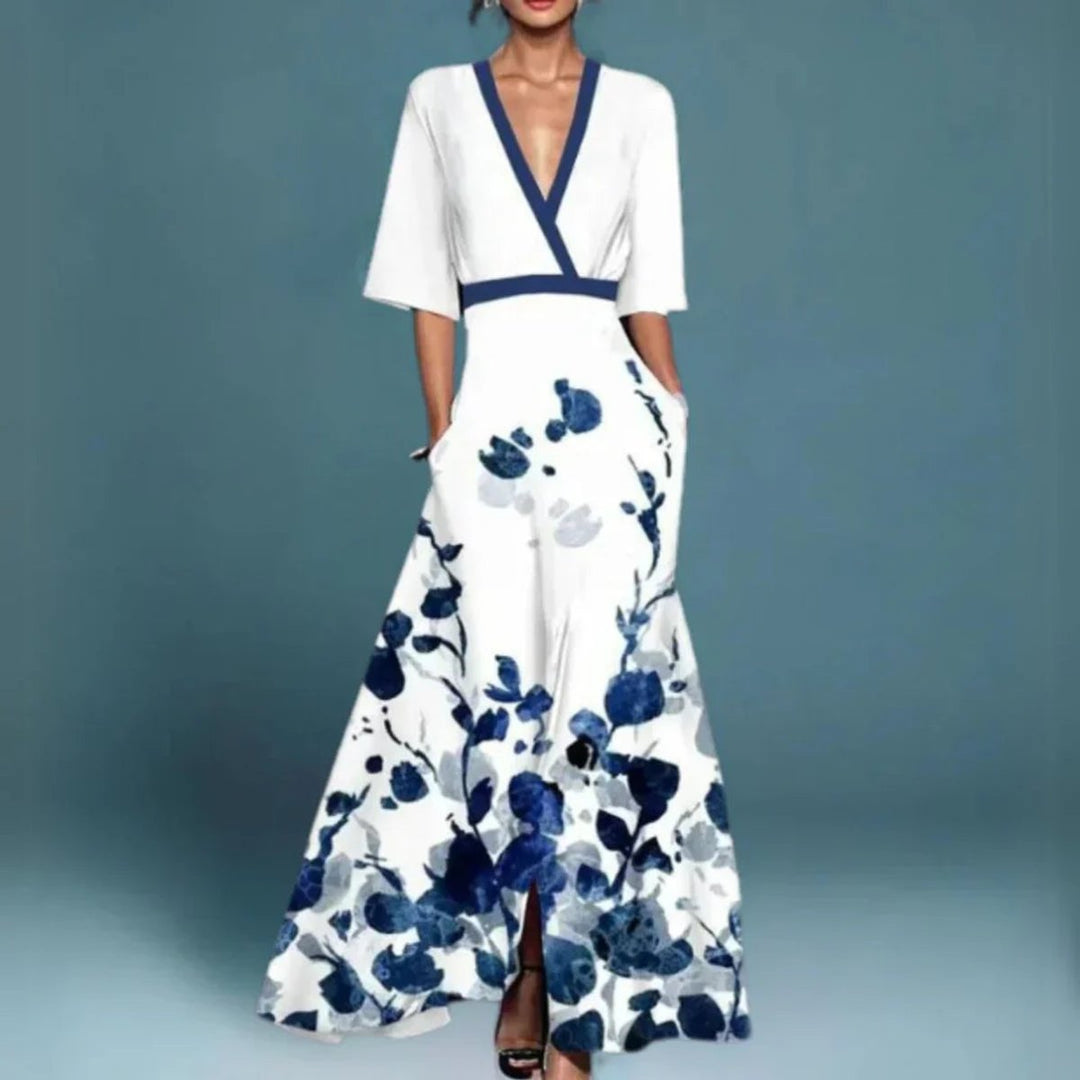 Dames Bloemen Maxi Formele Jurk V-Hals Halve Mouw - Wit