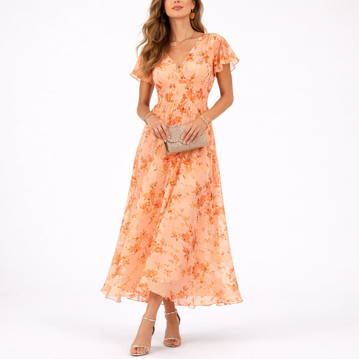 Dames Bloemen Maxi Jurk Elegante Bruidsfeest Gast Chiffon V-hals - Oranje