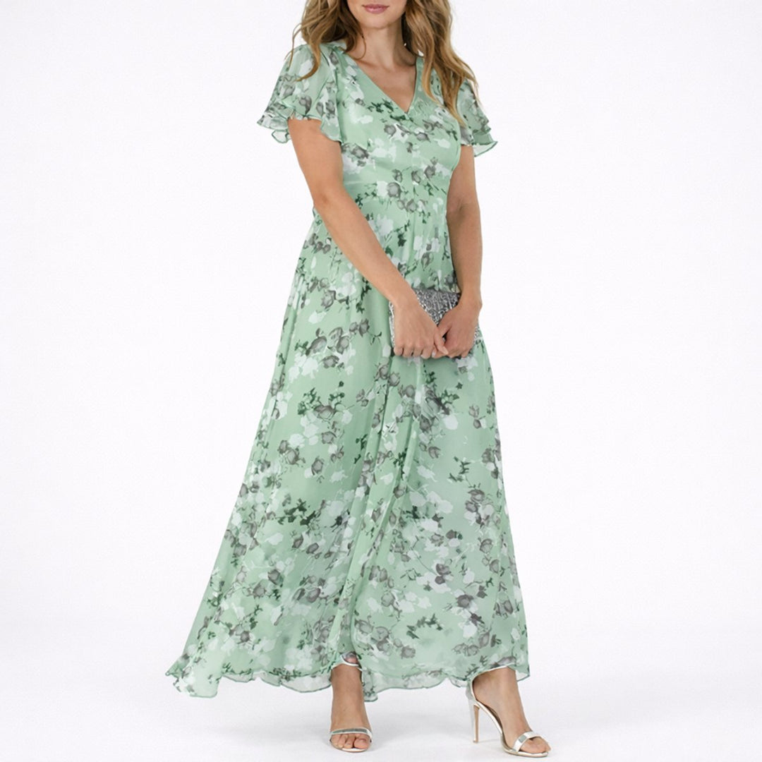 Dames Bloemen Maxi Jurk Elegante Bruidsfeest Gast Chiffon V-hals - Groen