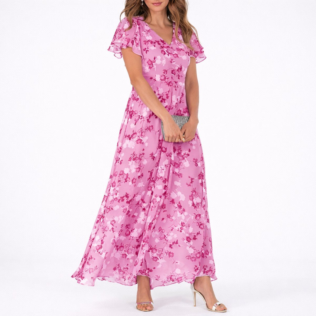 Dames Bloemen Maxi Jurk Elegante Bruidsfeest Gast Chiffon V-hals - Roze