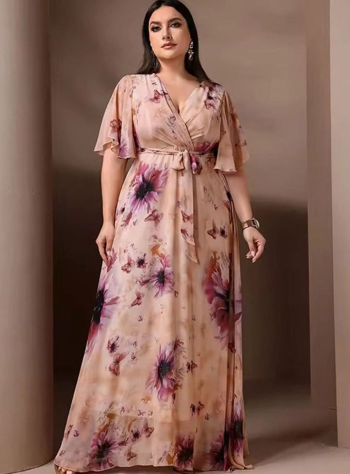 Dames Bloemen Maxi Jurk Vlindermouwen Diepe V-hals Strikceintuur - Beige