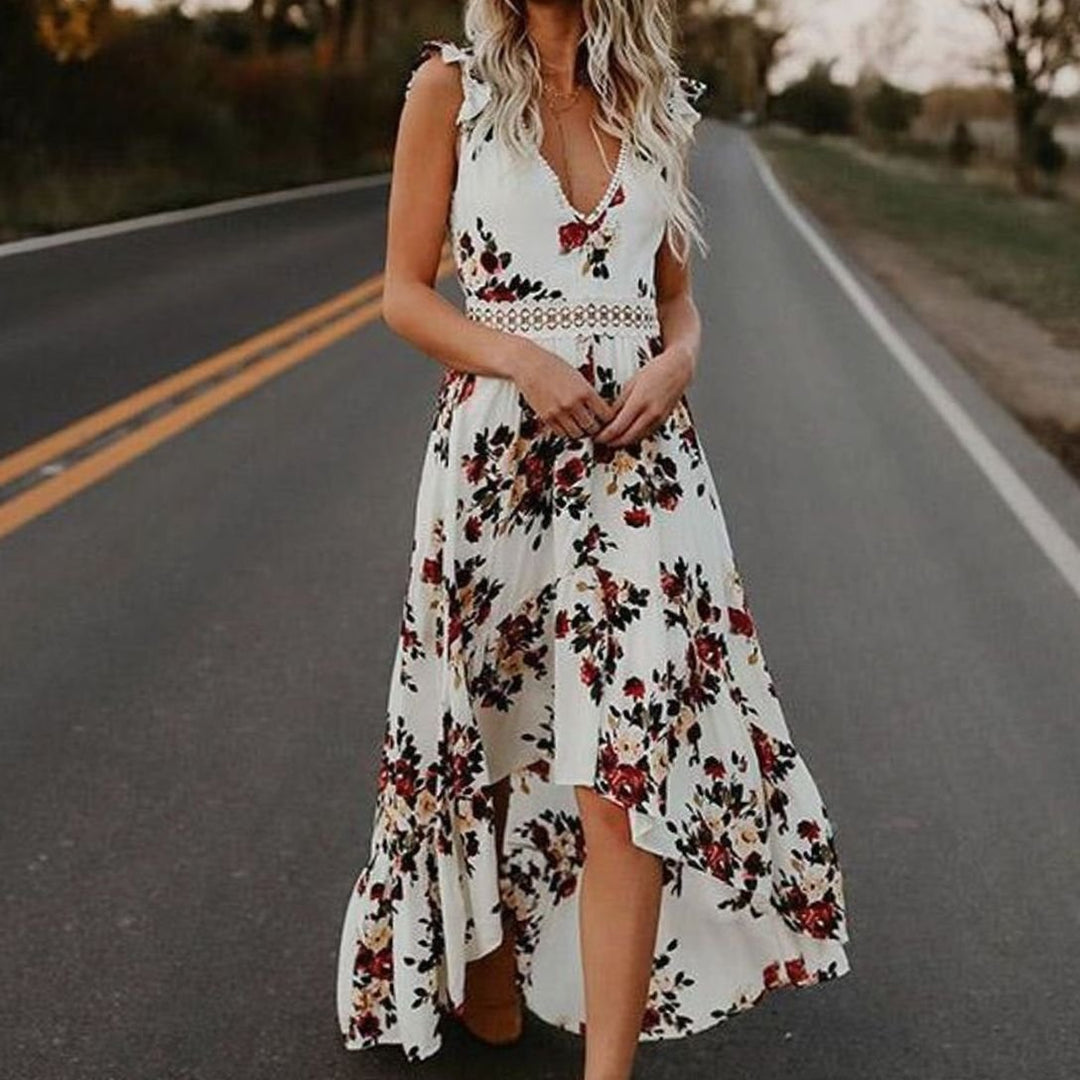 Dames Bloemen Maxi Zomerjurk V-hals Mouwloos - Wit