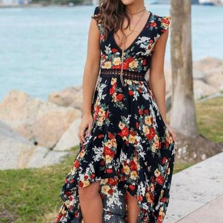 Dames Bloemen Maxi Zomerjurk V-hals Mouwloos - Zwart
