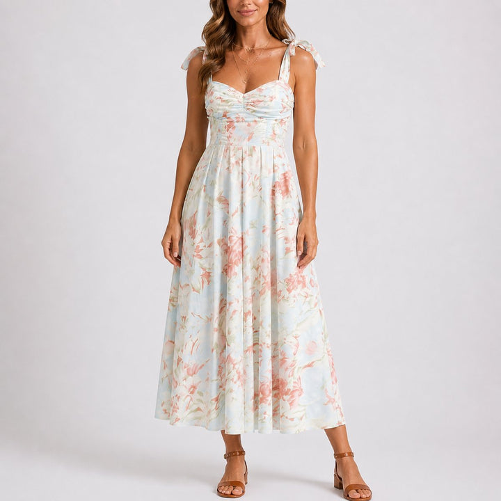 Dames Bloemen Midi-jurk Bruiloft Gast Strikschouderbandjes Geplooide Bodice - Bloemen