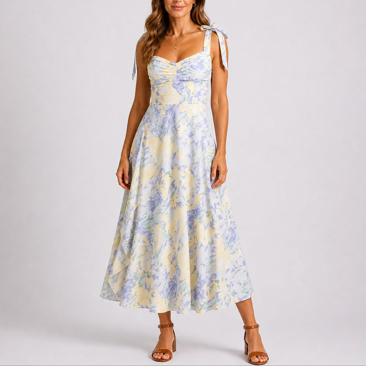 Dames Bloemen Midi-jurk Bruiloft Gast Strikschouderbandjes Geplooide Bodice - Bloemen Wit