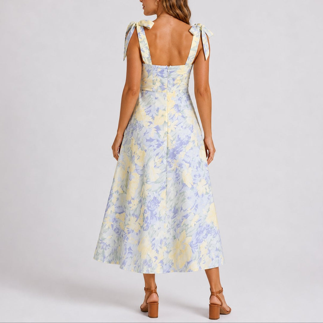 Dames Bloemen Midi-jurk Bruiloft Gast Strikschouderbandjes Geplooide Bodice