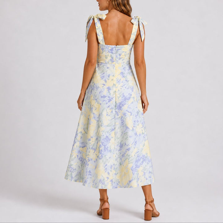 Dames Bloemen Midi-jurk Bruiloft Gast Strikschouderbandjes Geplooide Bodice