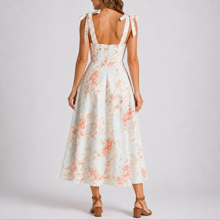 Dames Bloemen Midi-jurk Bruiloft Gast Strikschouderbandjes Geplooide Bodice