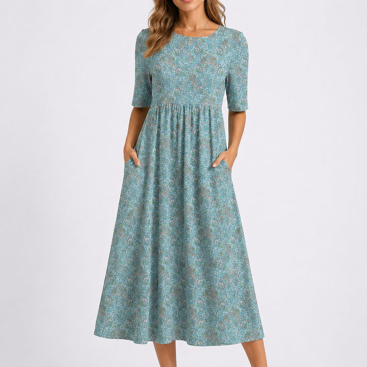 Dames Bloemen Midi Jurk Herfstbruiloft Gast Gesmockte Taille Korte Mouw