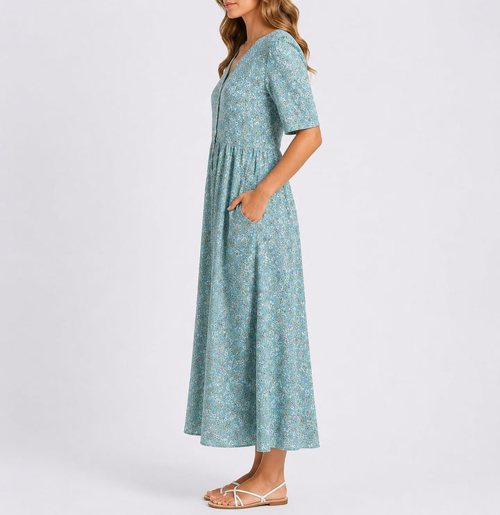 Dames Bloemen Midi Jurk Herfstbruiloft Gast Gesmockte Taille Korte Mouw