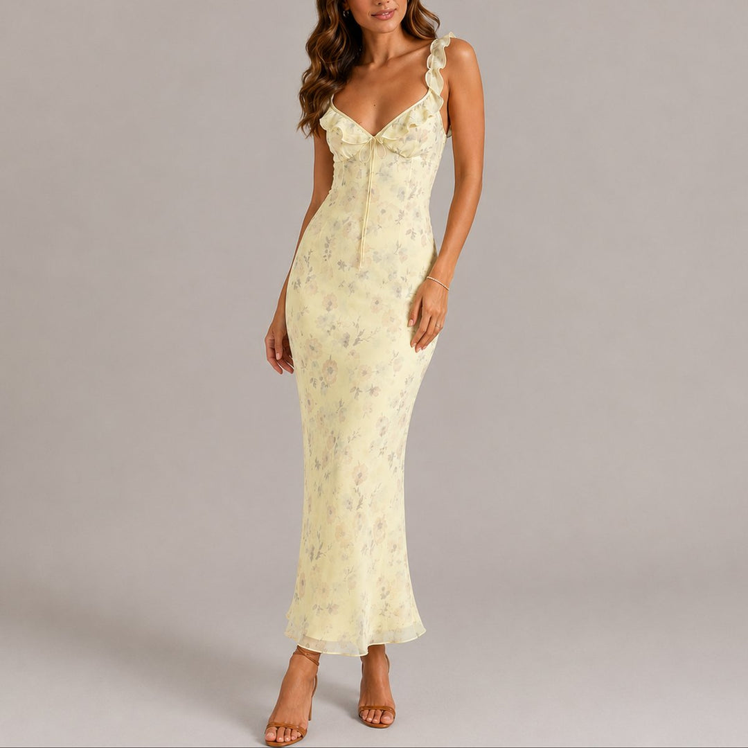 Dames Bloemen Ruche Schouderband Maxi Jurk Fall Wedding Guest Dresses - Geel