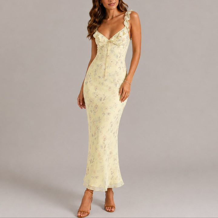 Dames Bloemen Ruche Schouderband Maxi Jurk Fall Wedding Guest Dresses - Geel