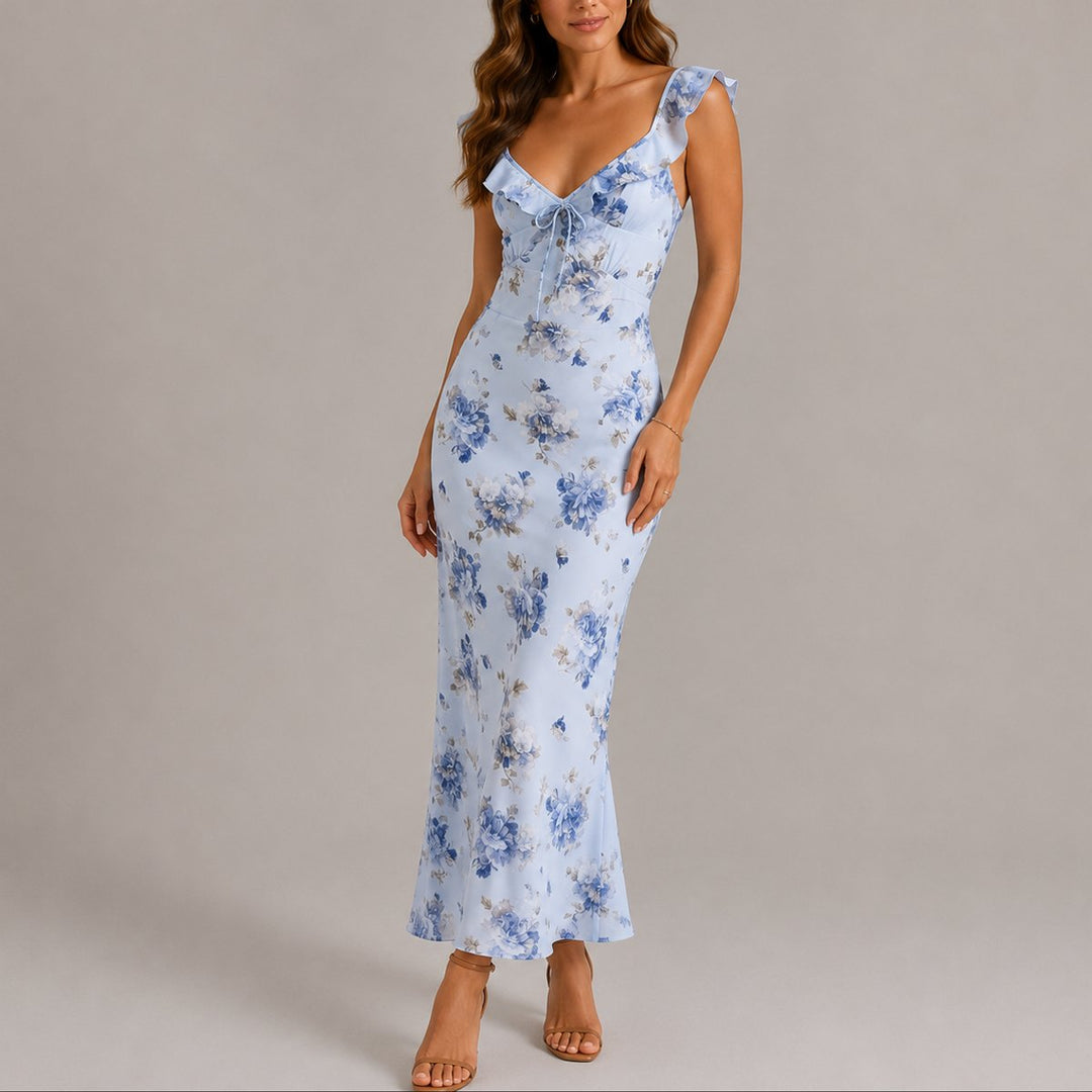Dames Bloemen Ruche Schouderband Maxi Jurk Fall Wedding Guest Dresses - Blauw