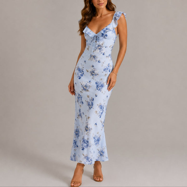 Dames Bloemen Ruche Schouderband Maxi Jurk Fall Wedding Guest Dresses - Blauw