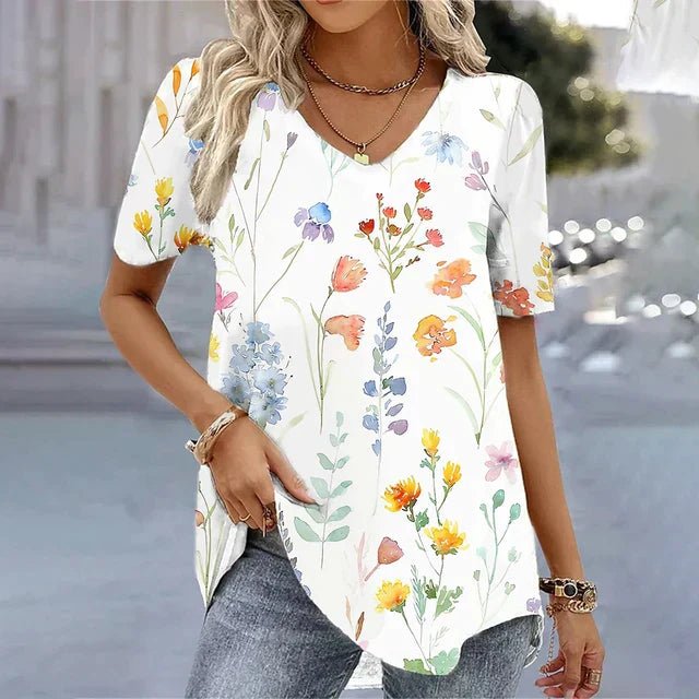 Dames Bloemen V-Hals Korte Mouw Top - Beige