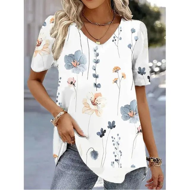 Dames Bloemen V-Hals Korte Mouw Top - White