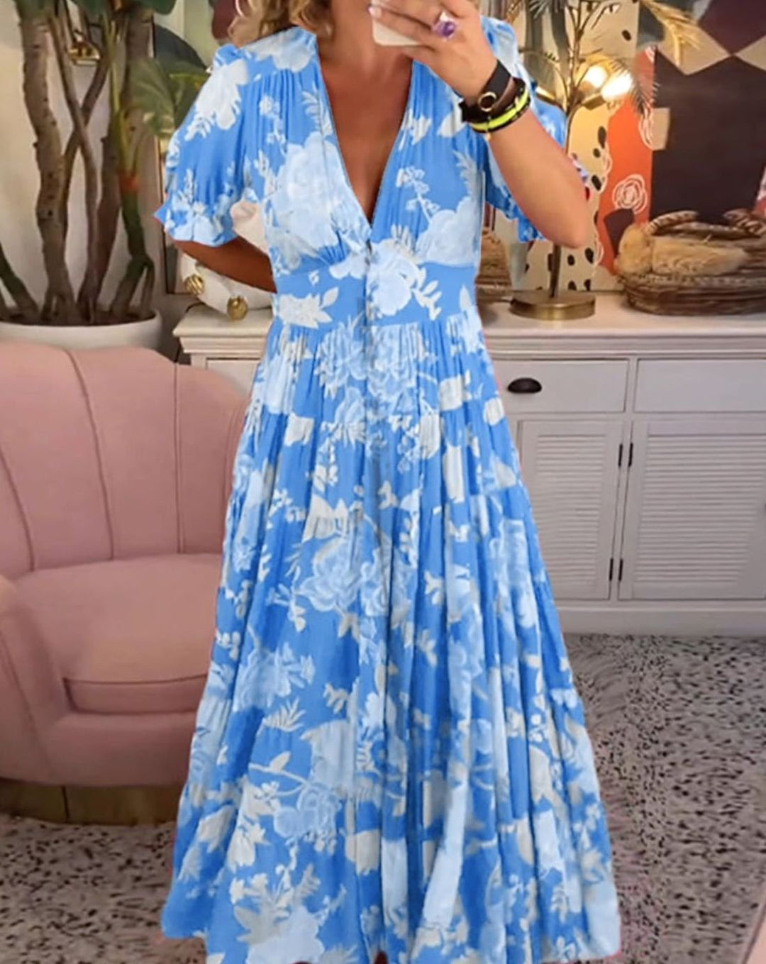 Dames Bloemenprint A-lijn Maxi Jurk met Diepe V-hals Pofmouwen - Blauw