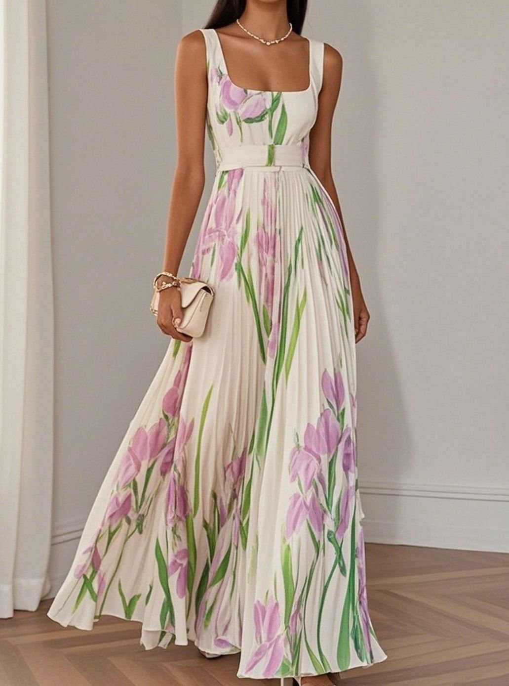 Dames Bloemenprint Maxi Feestjurk Geplooide Rok Vierkante Hals - Wit