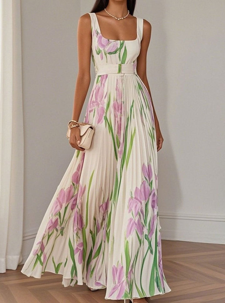 Dames Bloemenprint Maxi Feestjurk Geplooide Rok Vierkante Hals - Wit