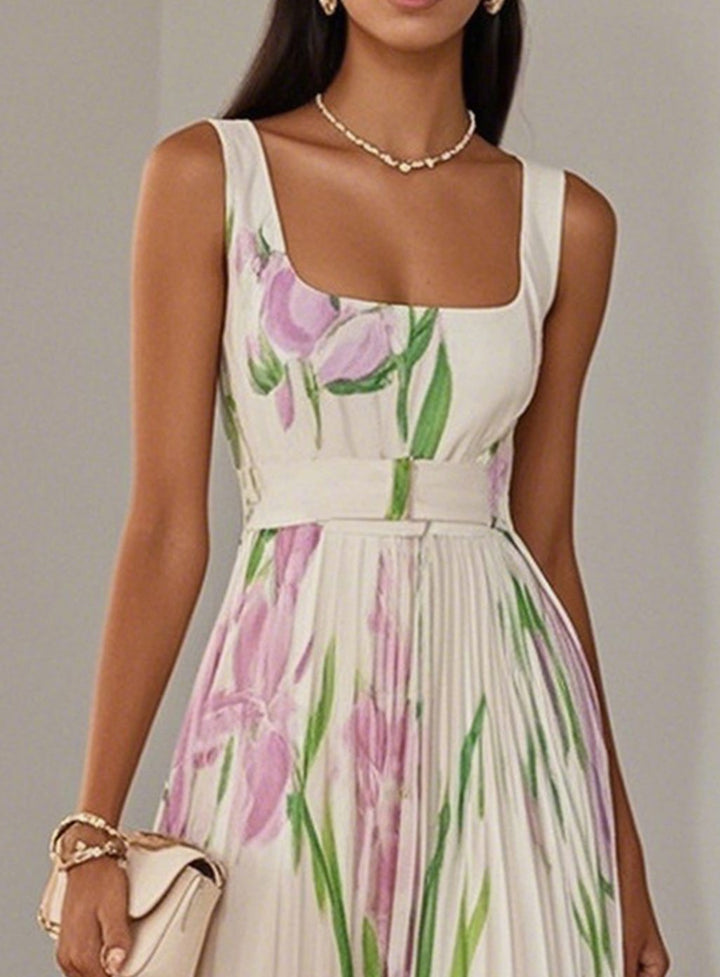 Dames Bloemenprint Maxi Feestjurk Geplooide Rok Vierkante Hals