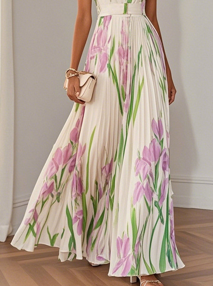 Dames Bloemenprint Maxi Feestjurk Geplooide Rok Vierkante Hals