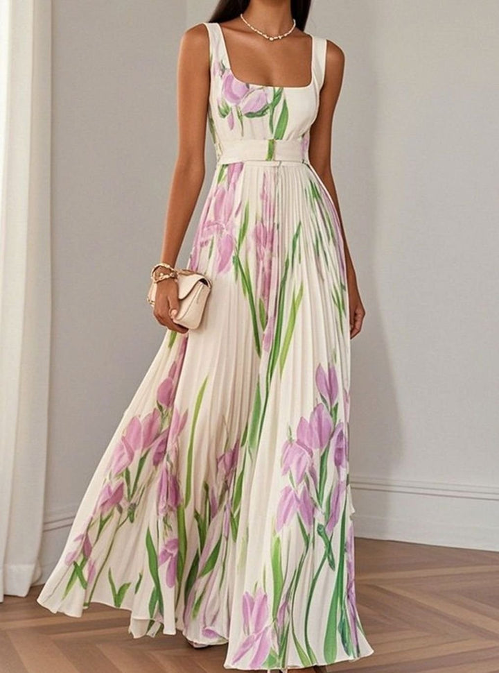Dames Bloemenprint Maxi Feestjurk Geplooide Rok Vierkante Hals