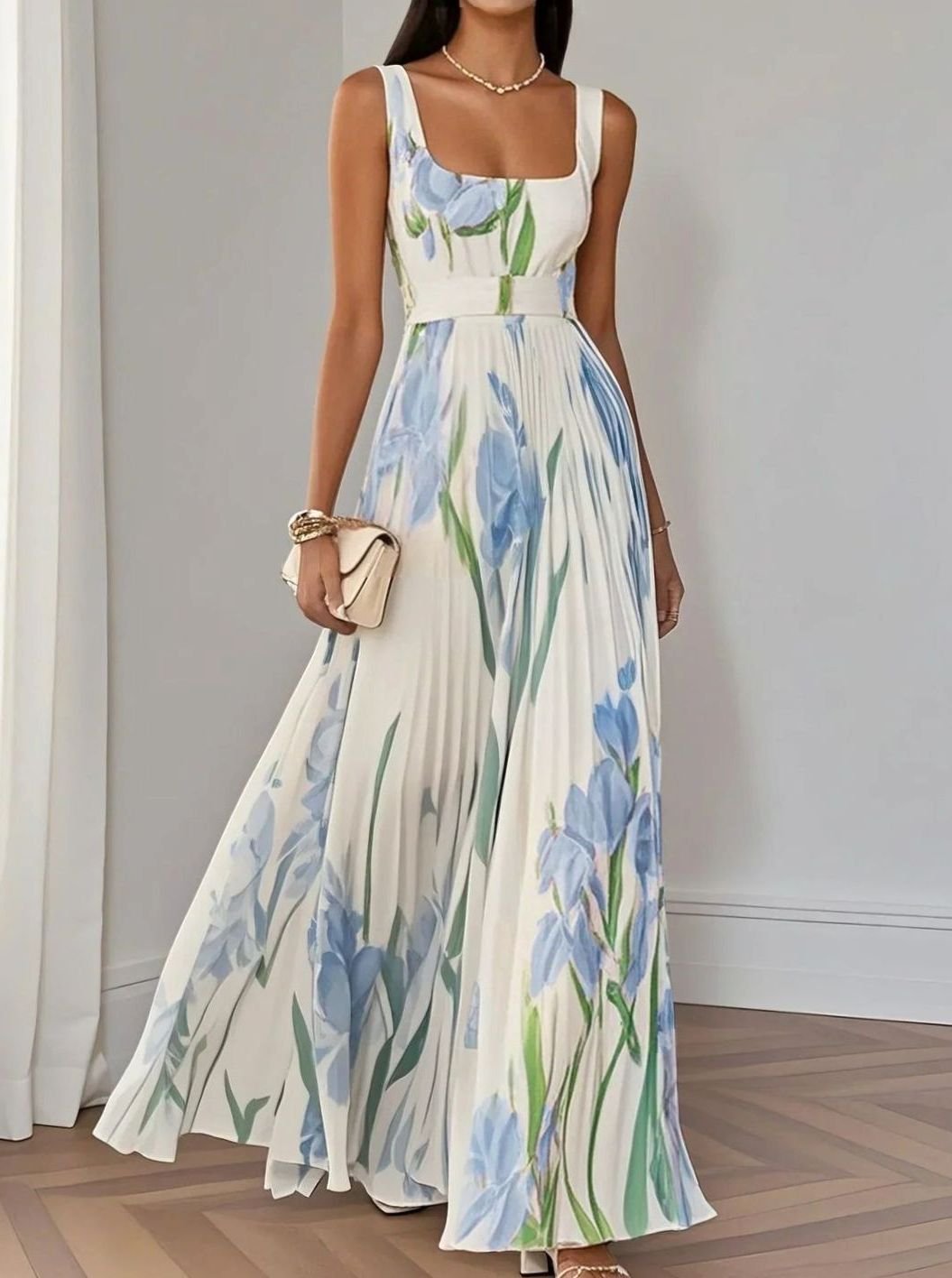 Dames Bloemenprint Maxi Feestjurk Geplooide Rok Vierkante Hals - Lichtblauw