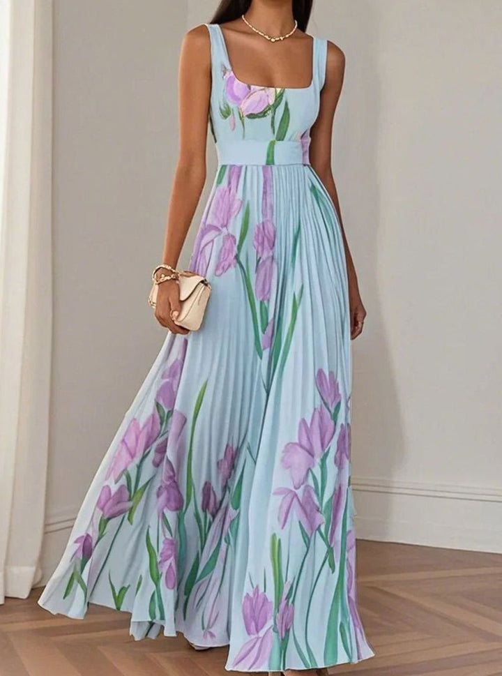 Dames Bloemenprint Maxi Feestjurk Geplooide Rok Vierkante Hals - Blauw