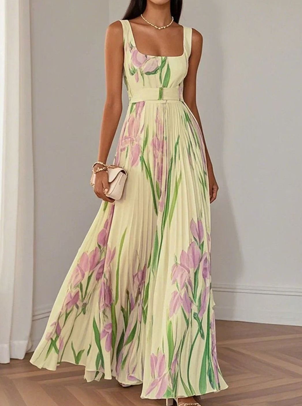 Dames Bloemenprint Maxi Feestjurk Geplooide Rok Vierkante Hals - Geel