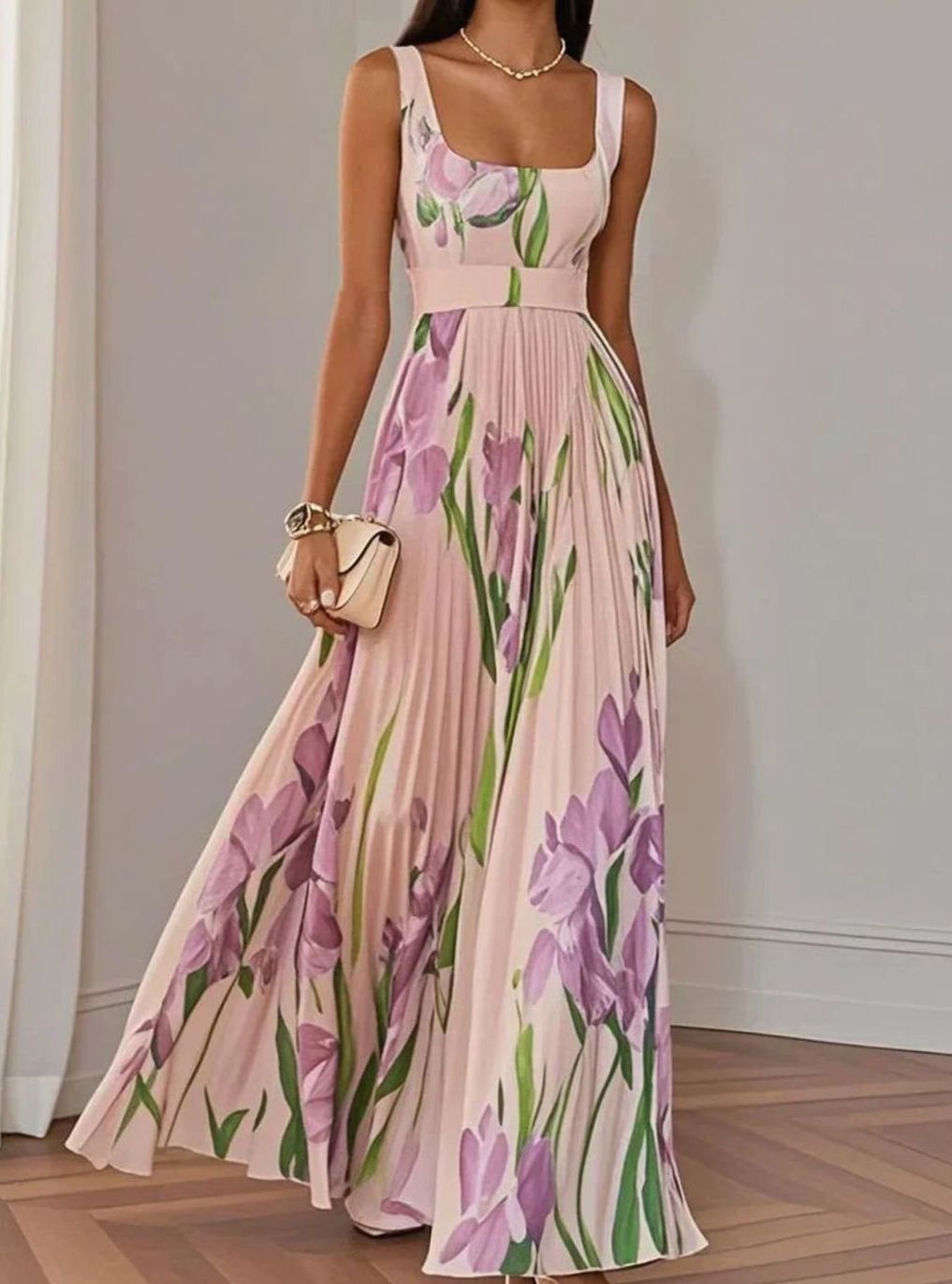 Dames Bloemenprint Maxi Feestjurk Geplooide Rok Vierkante Hals - Roze
