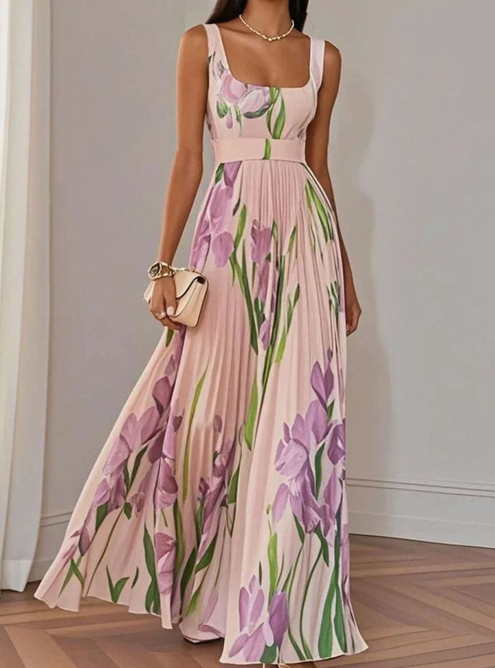 Dames Bloemenprint Maxi Feestjurk Geplooide Rok Vierkante Hals - Roze