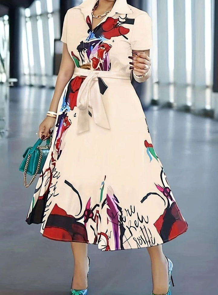 Dames Bloemenprint Maxi Zomerjurk met Knopen Korte Mouw - Abrikoos