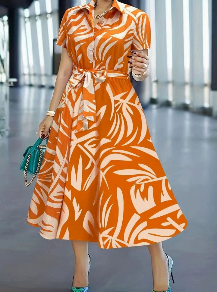 Dames Bloemenprint Maxi Zomerjurk met Knopen Korte Mouw - Oranje