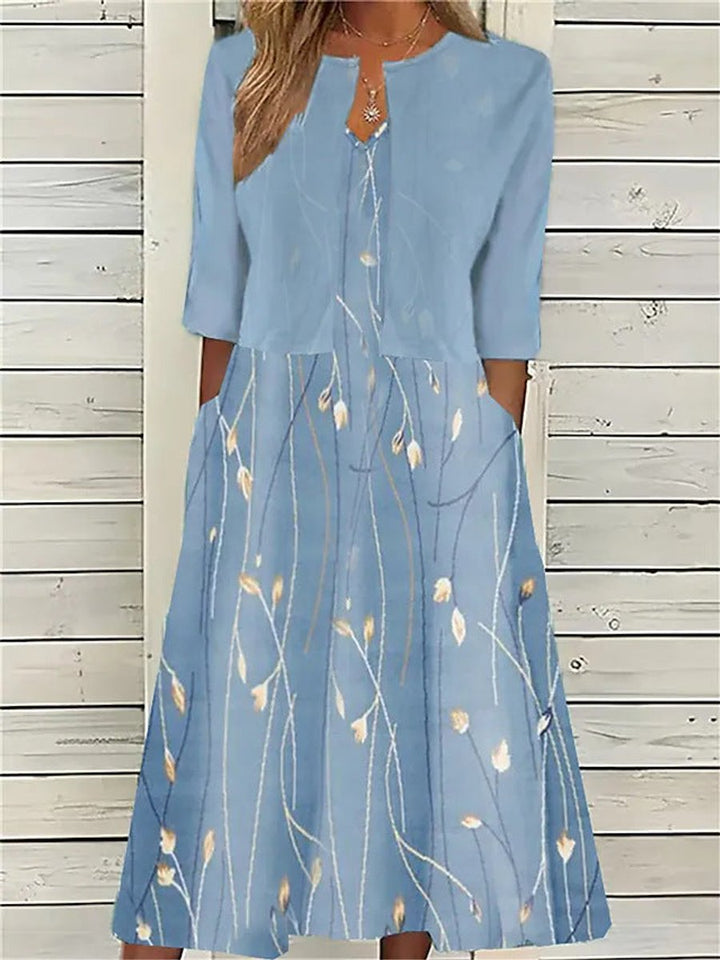Dames Bloemenprint Midi Dress met Halflange Mouwen en Zijzakken