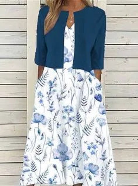 Dames Bloemenprint Midi Dress met Halflange Mouwen en Zijzakken - Donkerblauw