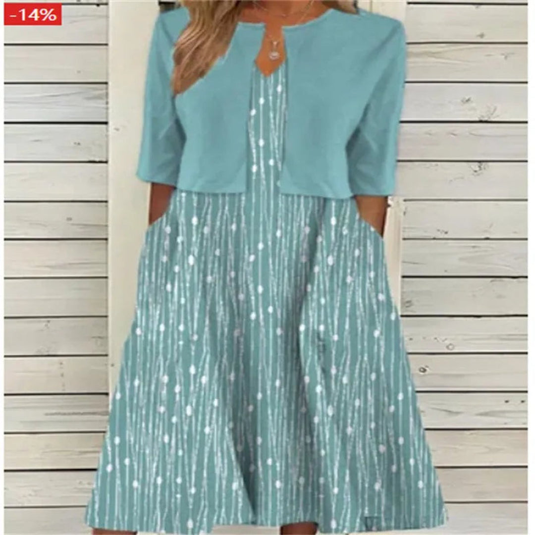 Dames Bloemenprint Midi Dress met Halflange Mouwen en Zijzakken - Groenblauw