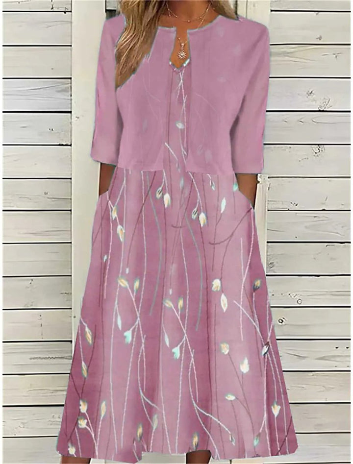 Dames Bloemenprint Midi Dress met Halflange Mouwen en Zijzakken - Roze