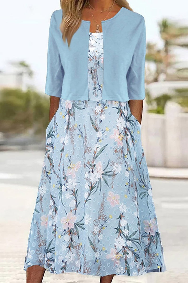 Dames Bloemenprint Midi Dress met Halflange Mouwen en Zijzakken - Lichtblauw