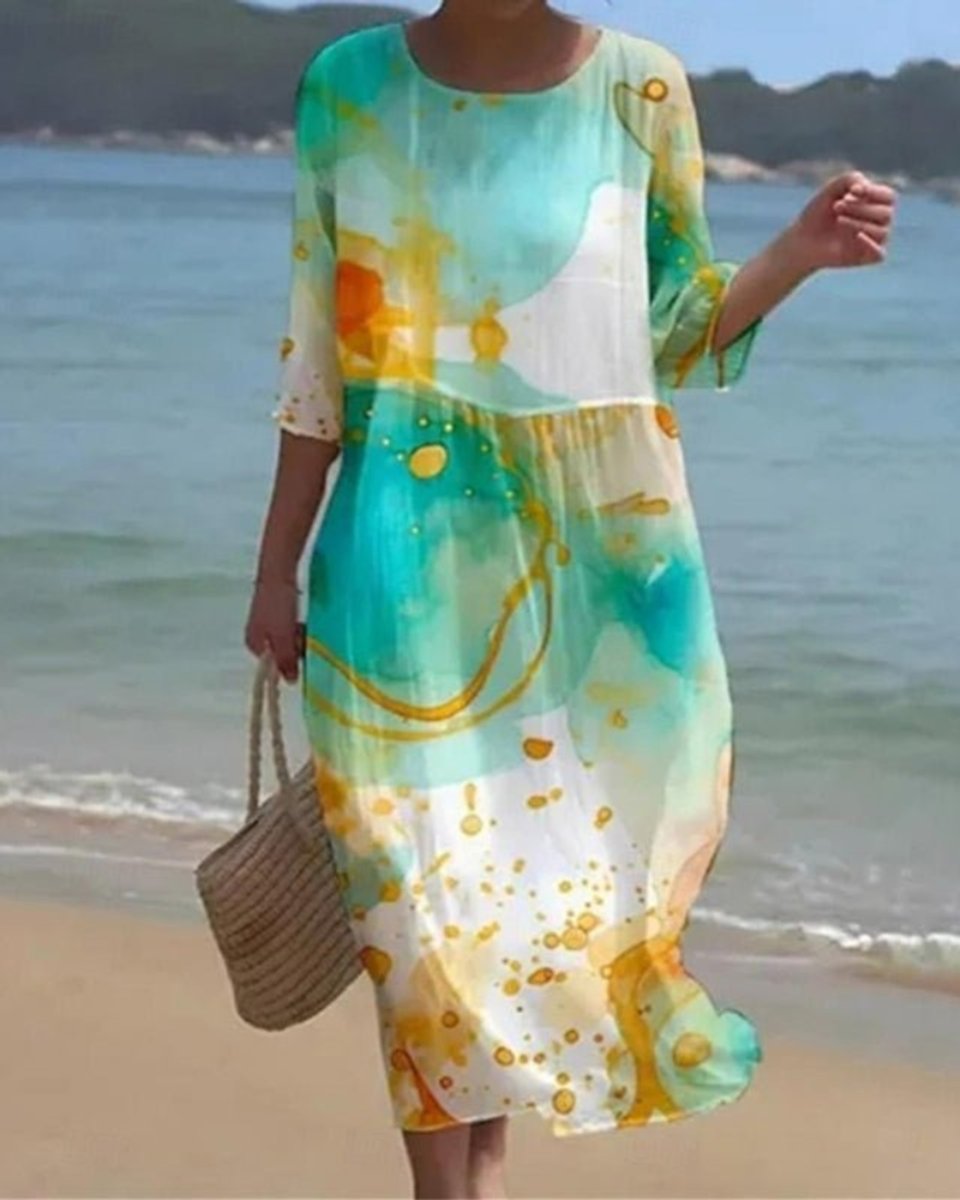 Dames Bloemenprint Midi-jurk met Driekwart Mouw - Groene Tinten