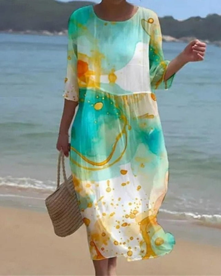 Dames Bloemenprint Midi-jurk met Driekwart Mouw - Groene Tinten