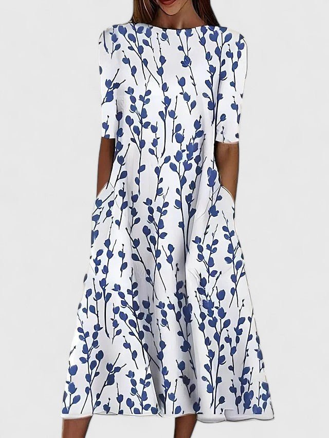 Dames Bloemenprint Midi-jurk met Ronde Hals en Verborgen Zakken - Blue