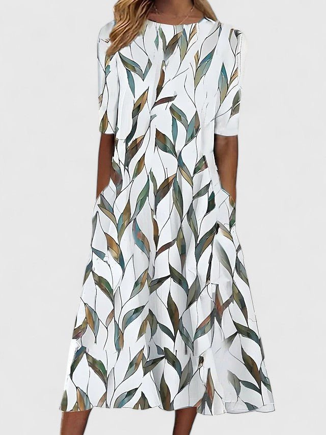 Dames Bloemenprint Midi-jurk met Ronde Hals en Verborgen Zakken - Green