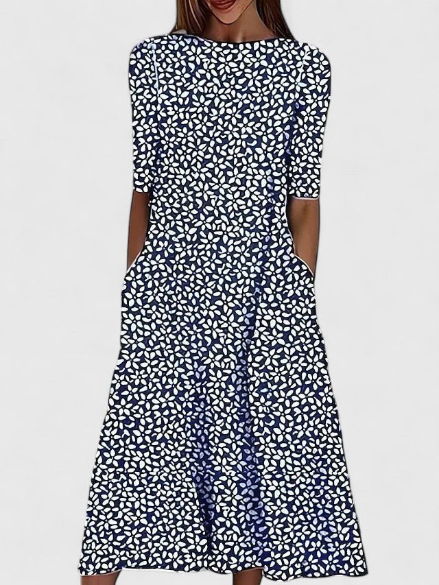 Dames Bloemenprint Midi-jurk met Ronde Hals en Verborgen Zakken - Dark Blue