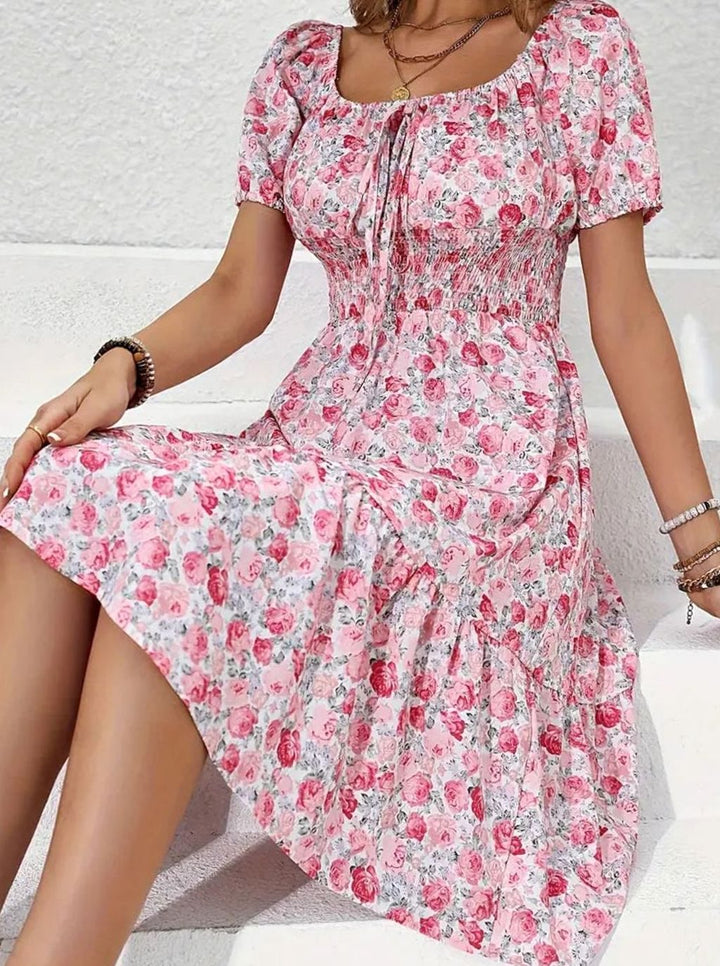 Dames Bloemenprint Midi-jurk Vierkante Hals Knoopdetail