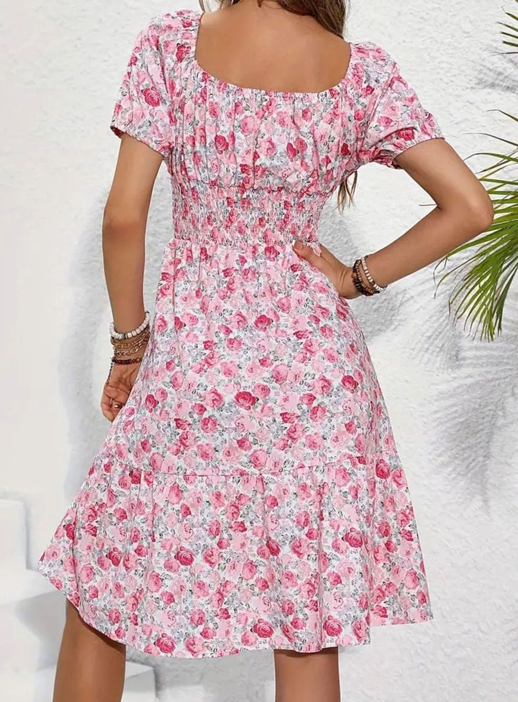 Dames Bloemenprint Midi-jurk Vierkante Hals Knoopdetail