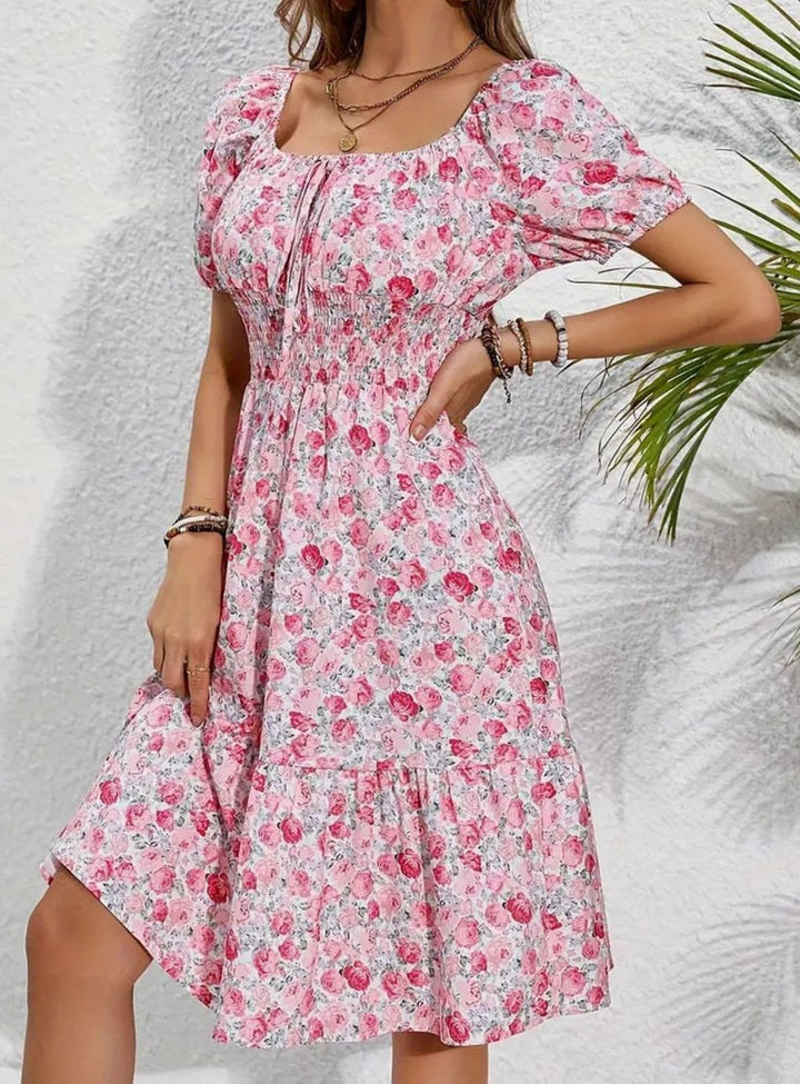 Dames Bloemenprint Midi-jurk Vierkante Hals Knoopdetail