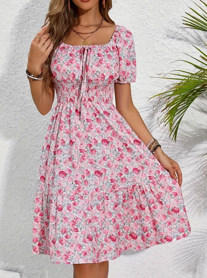 Dames Bloemenprint Midi-jurk Vierkante Hals Knoopdetail