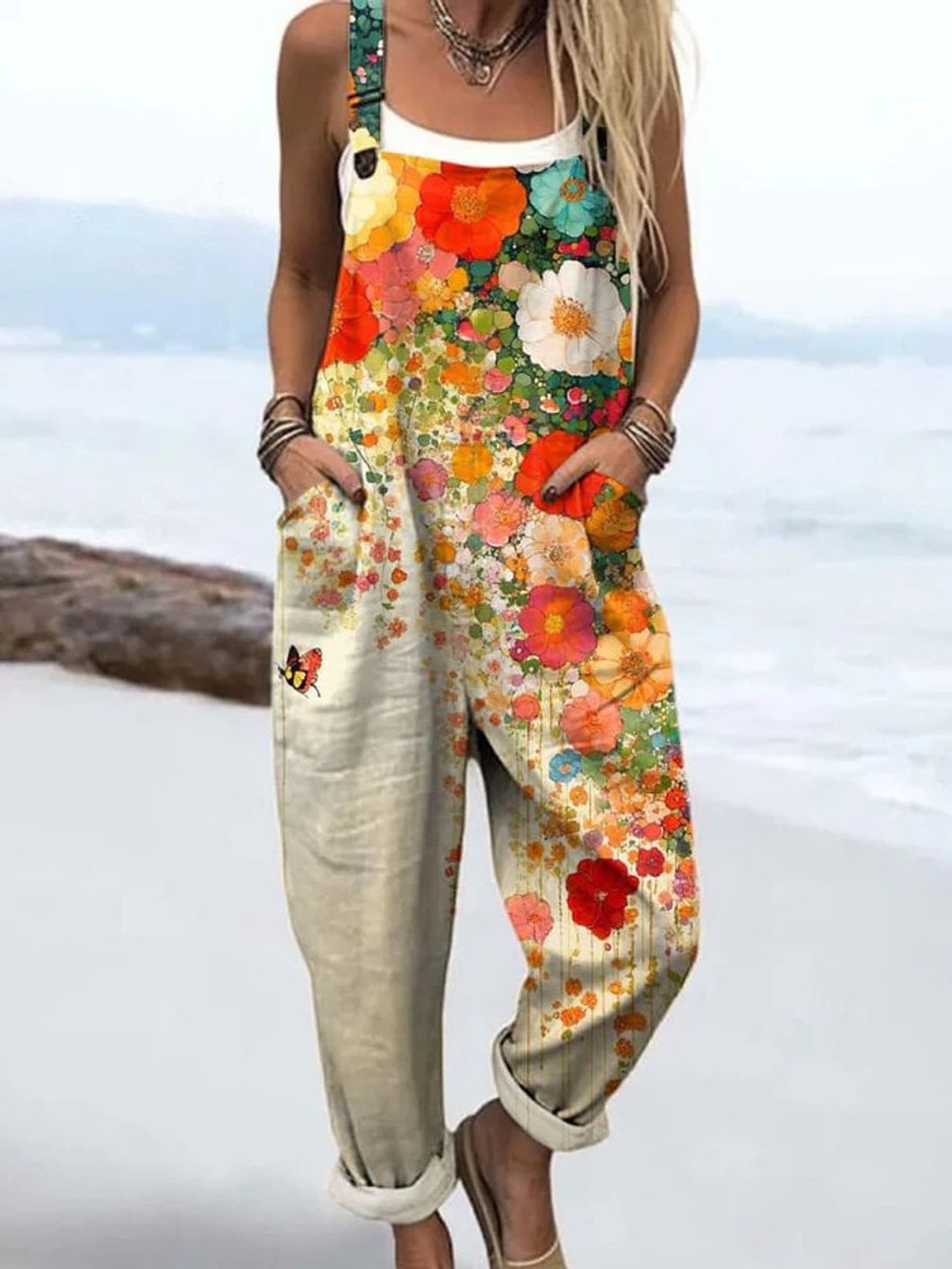 Dames Bloemenprint Mouwloze Wide Leg Jumpsuit Volledige Lengte - Multicolour