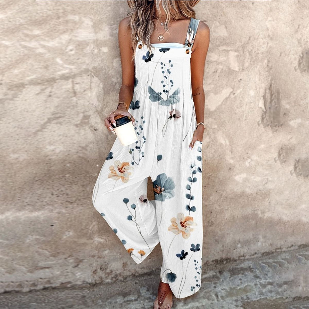 Dames Bloemenprint Mouwloze Wide-Leg Overall Jumpsuit - White